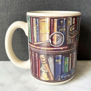 Bookshelf Mug Colorful Book Spines & Clock-Bell-Magnifying Glass Coffee Cup